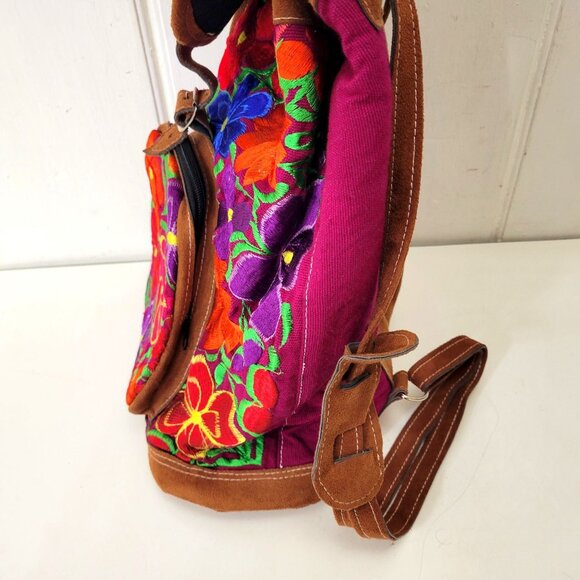 Handcrafted Floral Embroidered Cotton & Faux Suede Backpack - Picture 8 of 9
